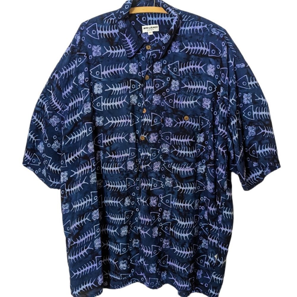 Mad‎ Gringo Island Camp Shirt Rayon Fishbone Wood Button Batik Retro 3X
